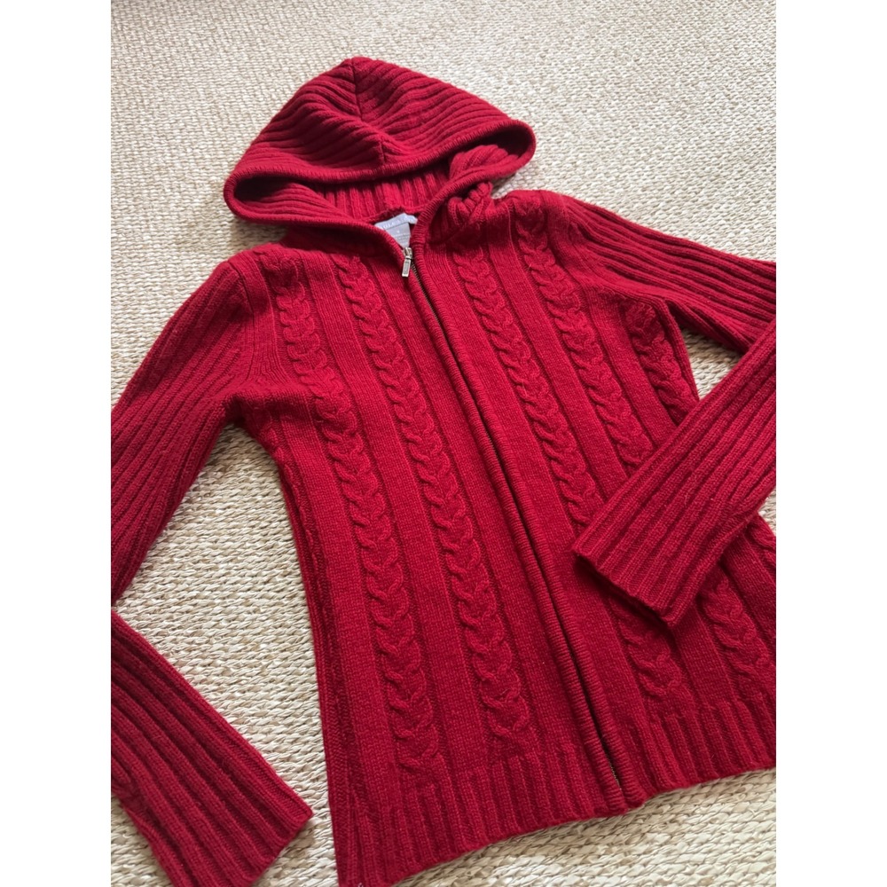 Eagle's Eye Red 100% Lambswool Cable Knit zip Hooded Sweater fisherman coastal S